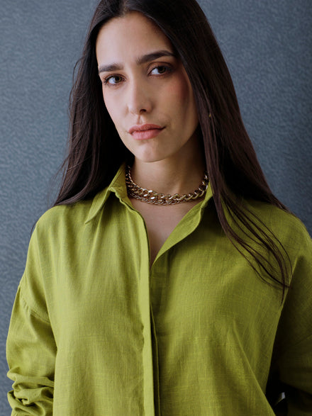 Women Oversize Pista Green Cotton Casual shirt