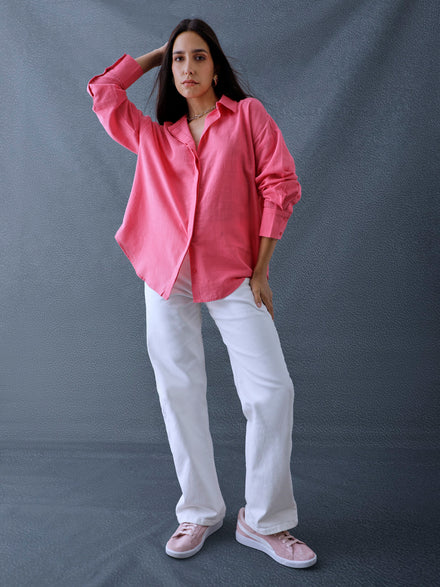 Women Oversize Light Pink Cotton Casual shirt