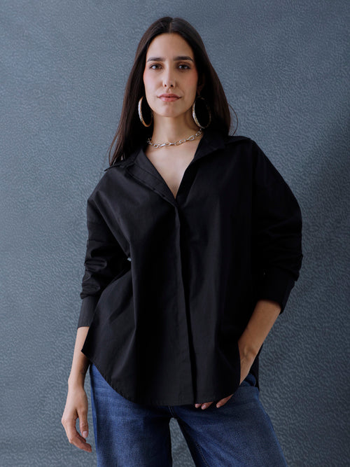 Women Oversize Solid Black Cotton Casual shirt