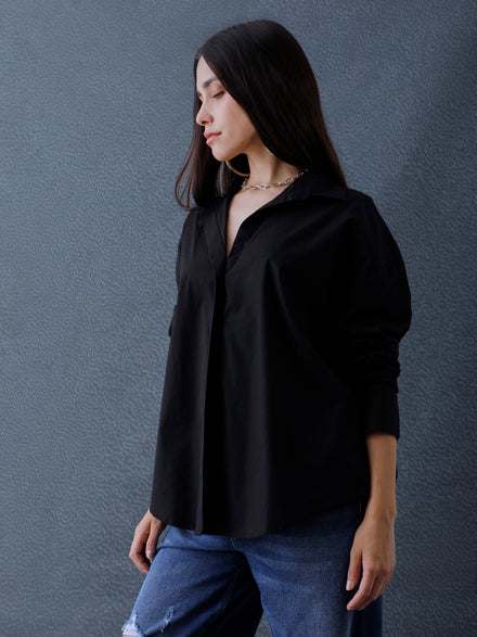 Women Oversize Solid Black Cotton Casual shirt