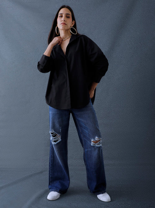 Women Oversize Solid Black Cotton Casual shirt