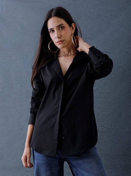 Women Oversize Solid Black Cotton Casual shirt