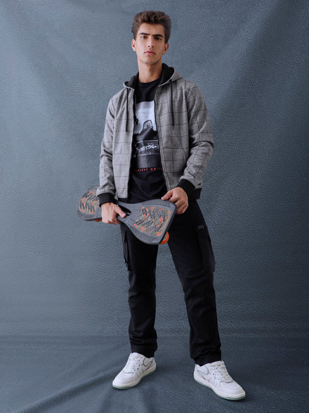 Men Regular Fit Charcoal Checked Zip Hooded Sweatshirt