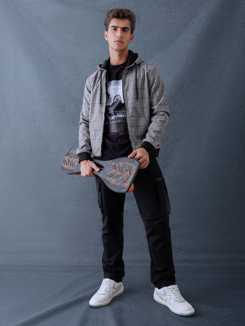 Men Regular Fit Charcoal Checked Zip Hooded Sweatshirt