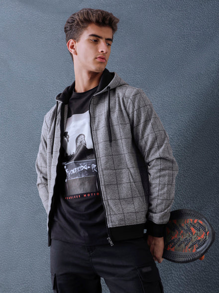 Men Regular Fit Charcoal Checked Zip Hooded Sweatshirt