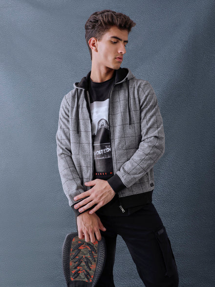 Men Regular Fit Charcoal Checked Zip Hooded Sweatshirt