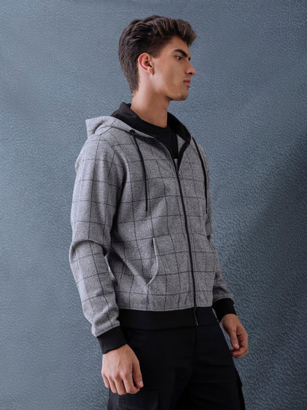 Men Regular Fit Charcoal Checked Zip Hooded Sweatshirt