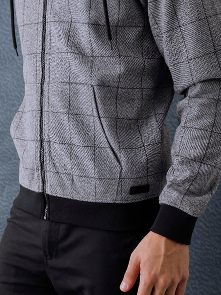 Men Regular Fit Charcoal Checked Zip Hooded Sweatshirt