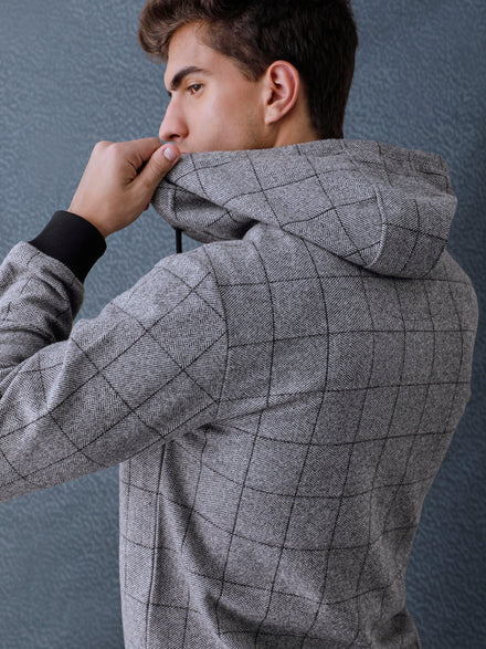 Men Regular Fit Charcoal Checked Zip Hooded Sweatshirt