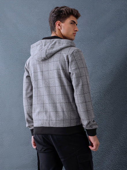 Men Regular Fit Charcoal Checked Zip Hooded Sweatshirt