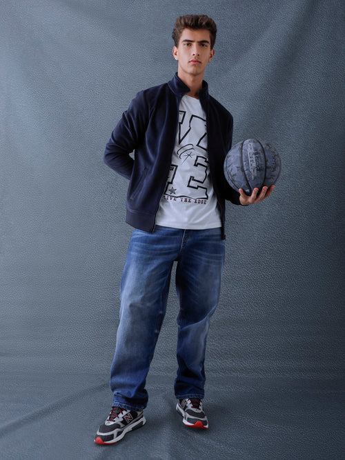 Men Regular Fit Navy High Neck Full Zip Sweatshirt