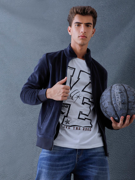 Men Regular Fit Navy High Neck Full Zip Sweatshirt