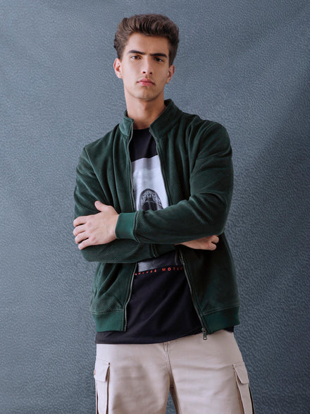 Men Regular Fit Green High Neck Full Zip Sweatshirt
