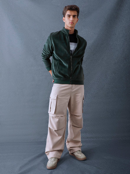 Men Regular Fit Green High Neck Full Zip Sweatshirt