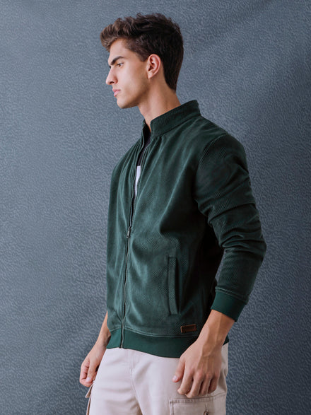 Men Regular Fit Green High Neck Full Zip Sweatshirt