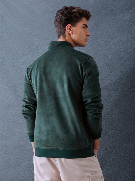 Men Regular Fit Green High Neck Full Zip Sweatshirt