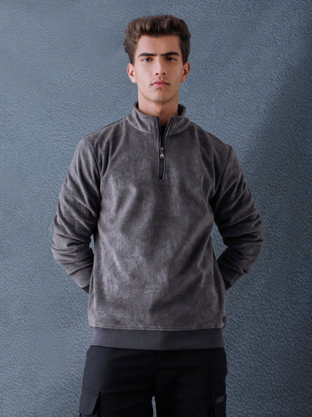 Men Regular Fit Charcoal Half Zip High Neck Heavy Core Sweatshirt