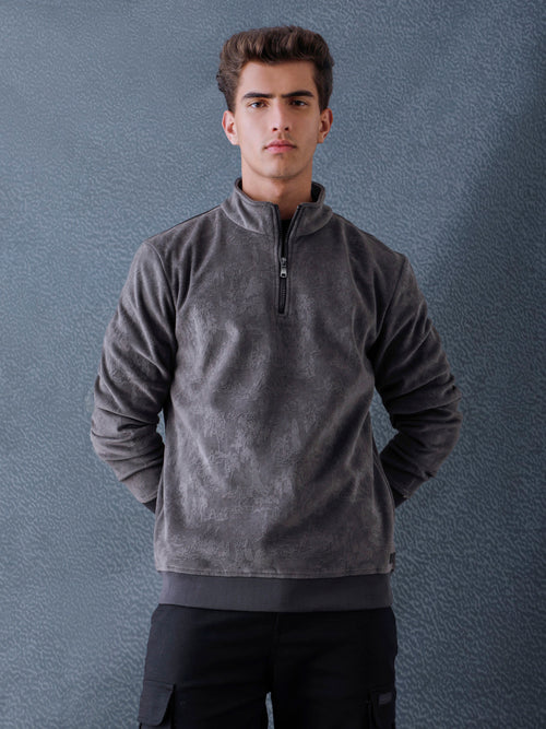 Men Regular Fit Charcoal Half Zip High Neck Heavy Core Sweatshirt