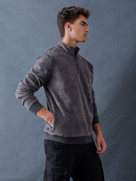 Men Regular Fit Charcoal Half Zip High Neck Heavy Core Sweatshirt