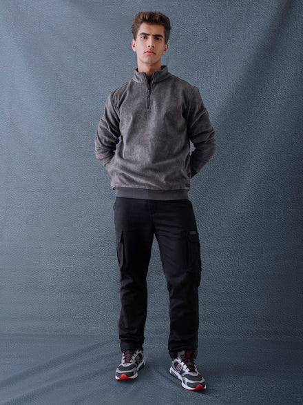 Men Regular Fit Charcoal Half Zip High Neck Heavy Core Sweatshirt