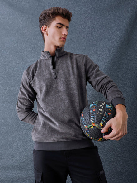 Men Regular Fit Charcoal Half Zip High Neck Heavy Core Sweatshirt