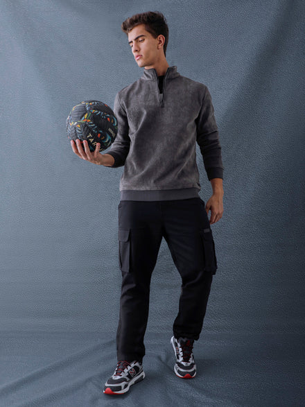 Men Regular Fit Charcoal Half Zip High Neck Heavy Core Sweatshirt