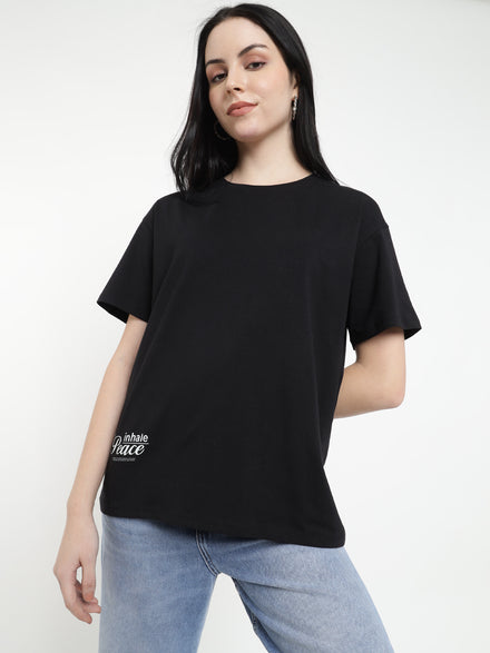 Voltedge Women Graphics Cotton Relaxed Fit Black Half Sleeve T-Shirt