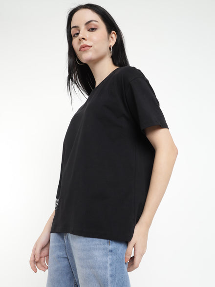 Voltedge Women Graphics Cotton Relaxed Fit Black Half Sleeve T-Shirt