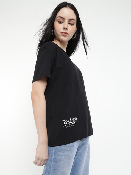 Voltedge Women Graphics Cotton Relaxed Fit Black Half Sleeve T-Shirt