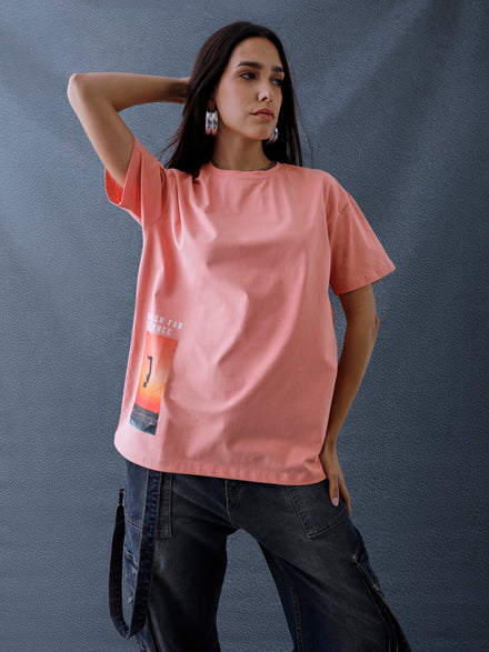 Voltedge Women Graphics Printed Cotton Relaxed Fit Peach Half Sleeve T-Shirt