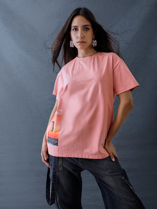 Voltedge Women Graphics Printed Cotton Relaxed Fit Peach Half Sleeve T-Shirt