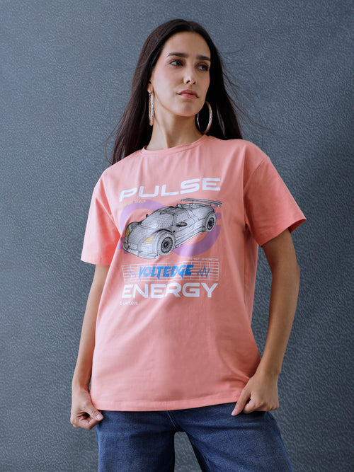 Voltedge Women Graphics Chest Printed Cotton Relaxed Fit Peach Half Sleeve T-Shirt