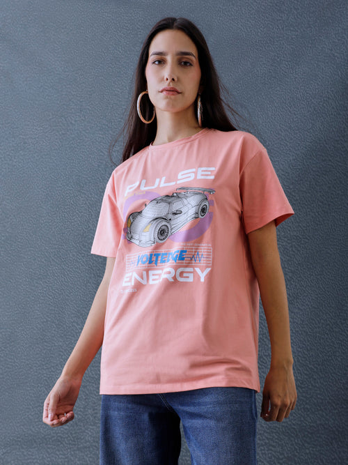 Voltedge Women Graphics Chest Printed Cotton Relaxed Fit Peach Half Sleeve T-Shirt