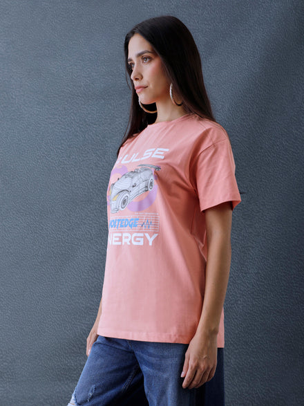 Voltedge Women Graphics Chest Printed Cotton Relaxed Fit Peach Half Sleeve T-Shirt