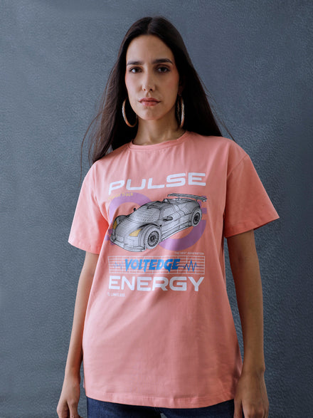 Voltedge Women Graphics Chest Printed Cotton Relaxed Fit Peach Half Sleeve T-Shirt