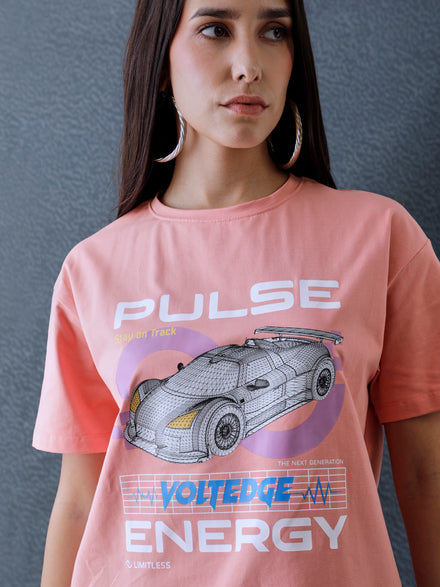 Voltedge Women Graphics Chest Printed Cotton Relaxed Fit Peach Half Sleeve T-Shirt