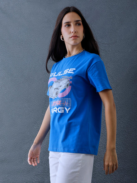Voltedge Women Graphics Printed Cotton Relaxed Fit Royal Blue Half Sleeve T-Shirt