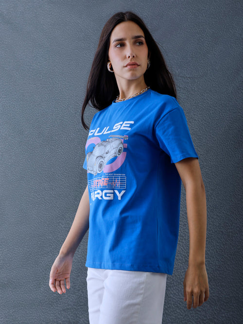 Voltedge Women Graphics Printed Cotton Relaxed Fit Royal Blue Half Sleeve T-Shirt