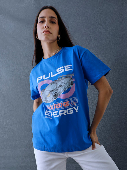 Voltedge Women Graphics Printed Cotton Relaxed Fit Royal Blue Half Sleeve T-Shirt