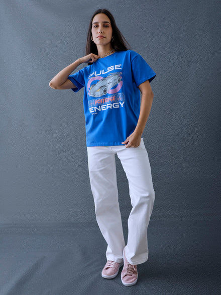 Voltedge Women Graphics Printed Cotton Relaxed Fit Royal Blue Half Sleeve T-Shirt