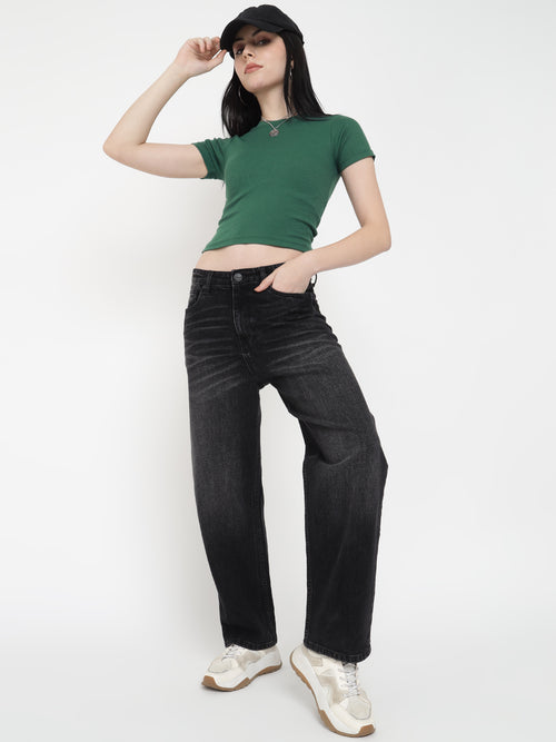 Women Premium Cotton Ribbed Slim Fit Green Crop Top