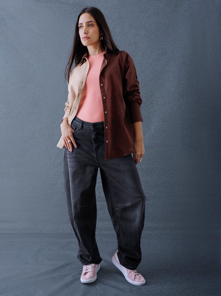 Women Oversize Fusion Brown Beige Cotton Casual shirt