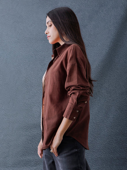 Women Oversize Fusion Brown Beige Cotton Casual shirt