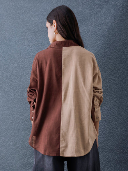 Women Oversize Fusion Brown Beige Cotton Casual shirt