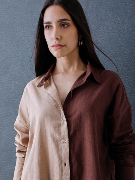 Women Oversize Fusion Brown Beige Cotton Casual shirt
