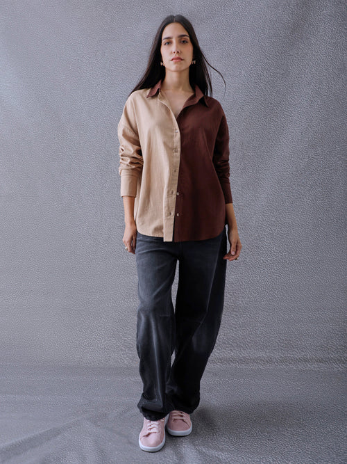 Women Oversize Fusion Brown Beige Cotton Casual shirt