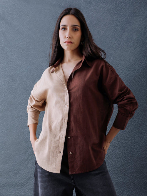 Women Oversize Fusion Brown Beige Cotton Casual shirt