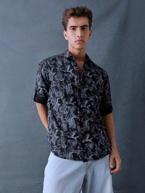 Men Relax fit Black Printed Cotton Casual Shirt