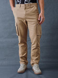 Men Straight Fit Khaki Cotton Stretch Relax Cargo Pant