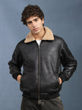 Men Regular Fit Black Crack Leather look Full Sleeve Jacket